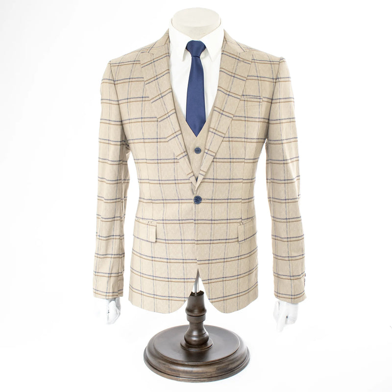 Tan Windowpane Plaid 3-Piece Slim-Fit Suit