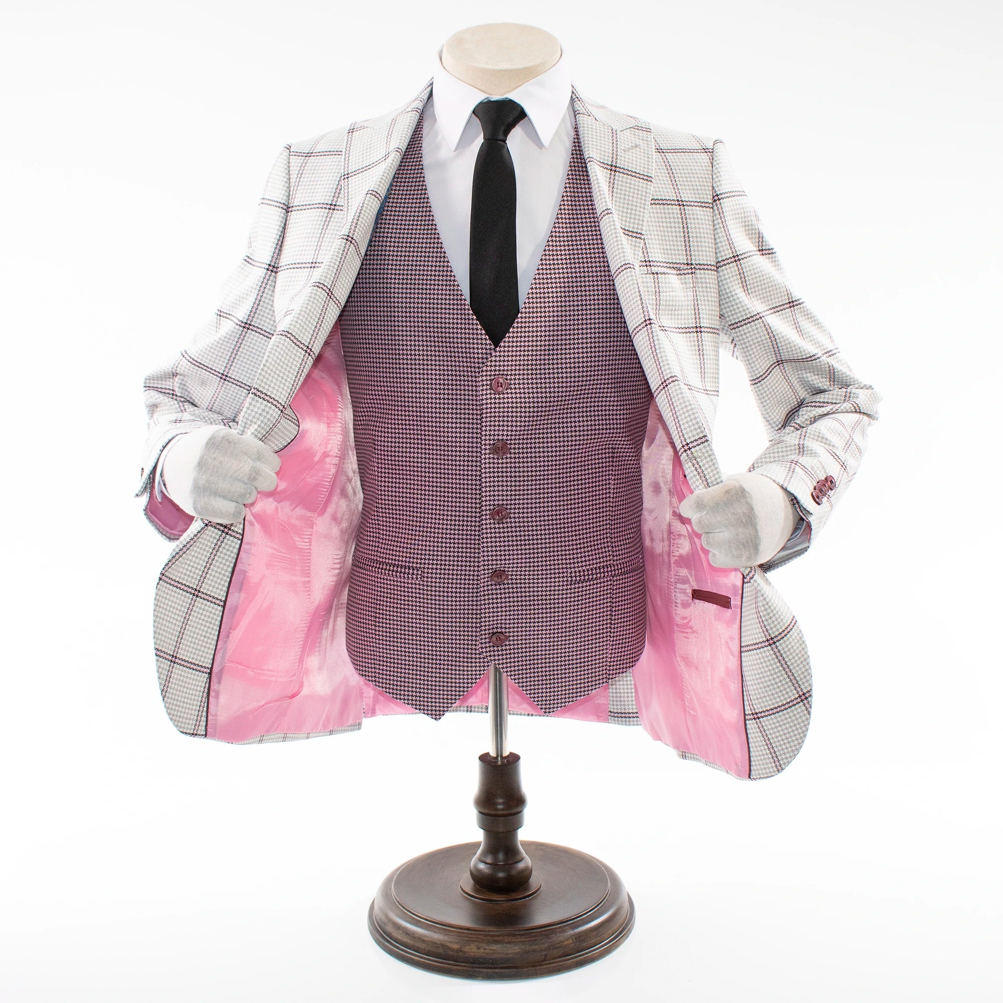 Men's Gray And Pink Windowpane Plaid 3-Piece Tailored-Fit Suit