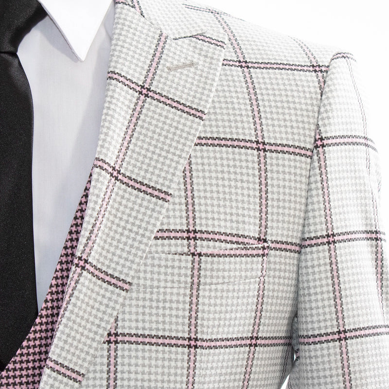 Men's Gray And Pink Windowpane Plaid 3-Piece Tailored-Fit Suit