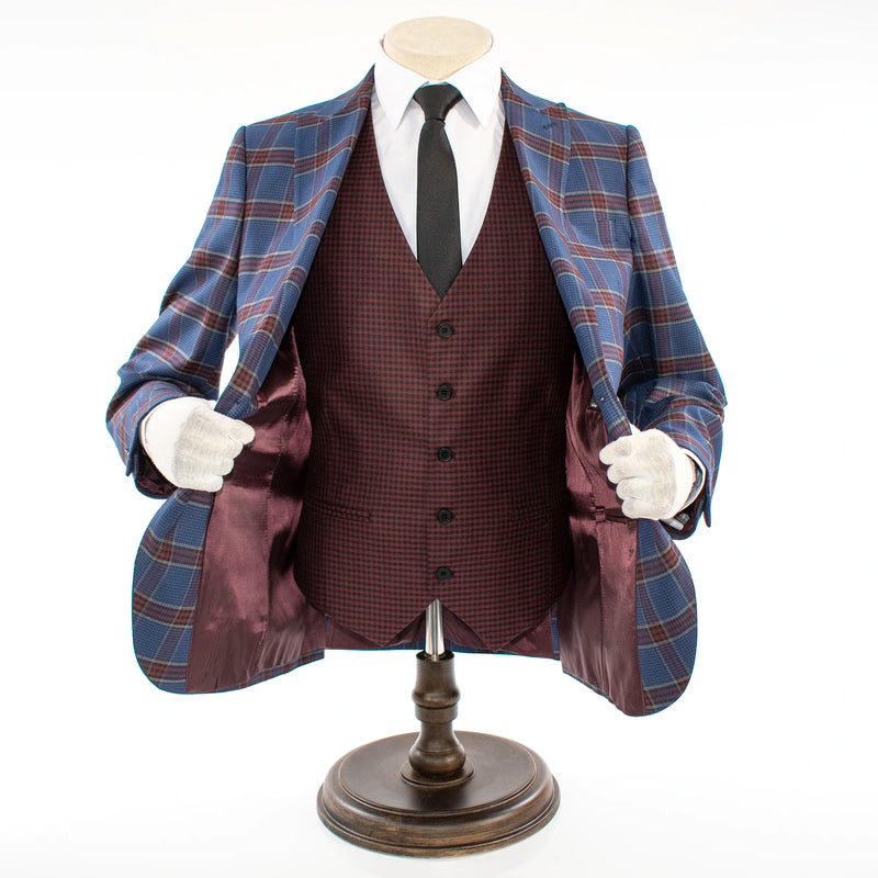 Blue and Burgundy Plaid 3-Piece Tailored-Fit Suit