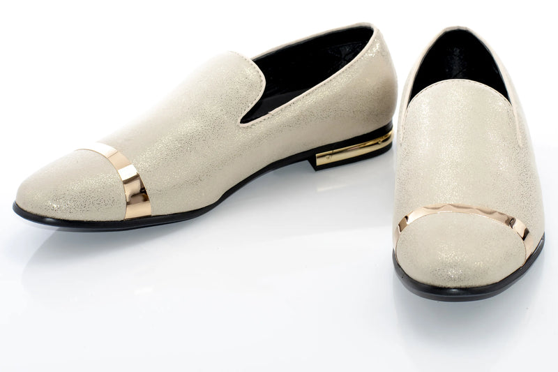 Men's White And Gold Glittered Loafer With Metal Band Cap Toe