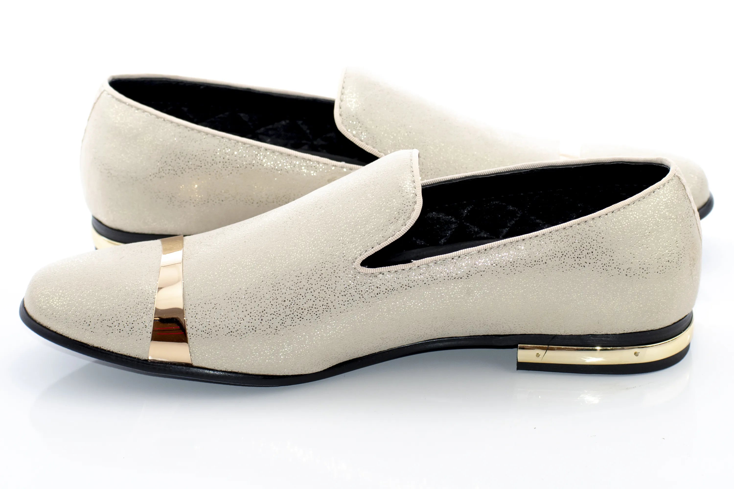 Men's White And Gold Glittered Loafer With Metal Band Cap Toe
