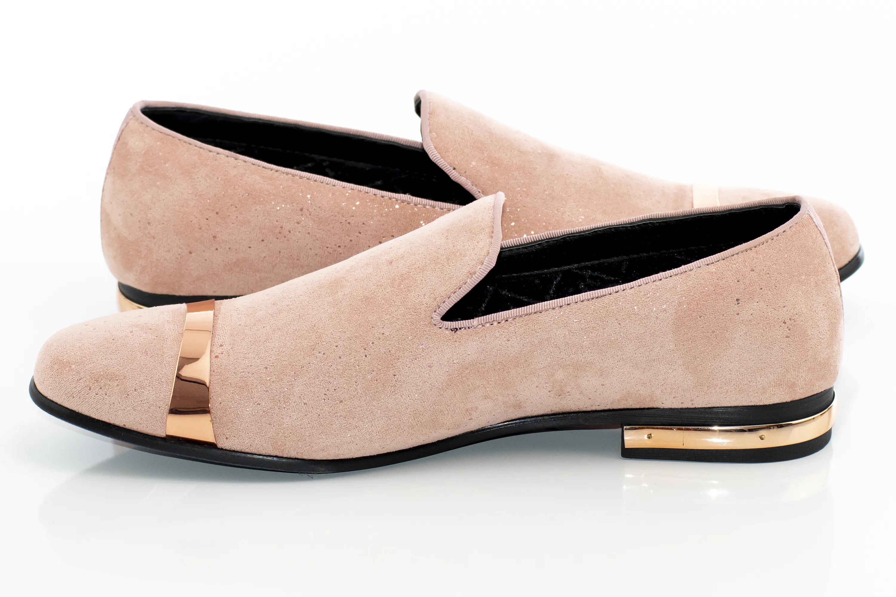 Rose Gold Glitter Smoking Loafer - Quarter, Metal Accented Heel