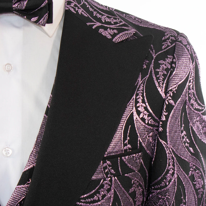 Men's Eggplant Purple Damask 3-Piece Tuxedo Peak Lapel
