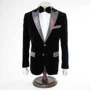 Men's Black Velvet Regular-Fit Jacket with Silver Peak Lapel