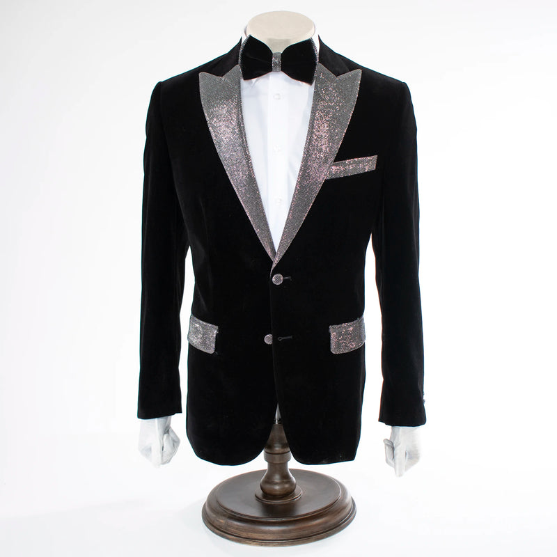 Men's Black Velvet Regular-Fit Jacket with Silver Peak Lapel