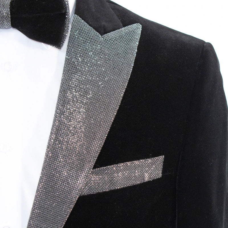 Black Velvet Regular-Fit Jacket with Silver Peak Lapel