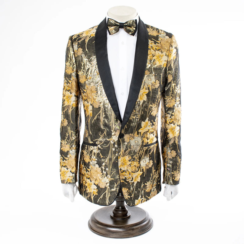 Black and Gold Floral Jacket With Shawl Lapels