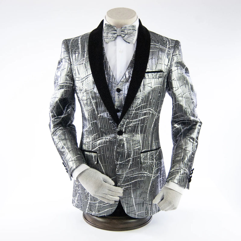 Silver Metallic Patterned 3-Piece Tailored-Fit Tuxedo