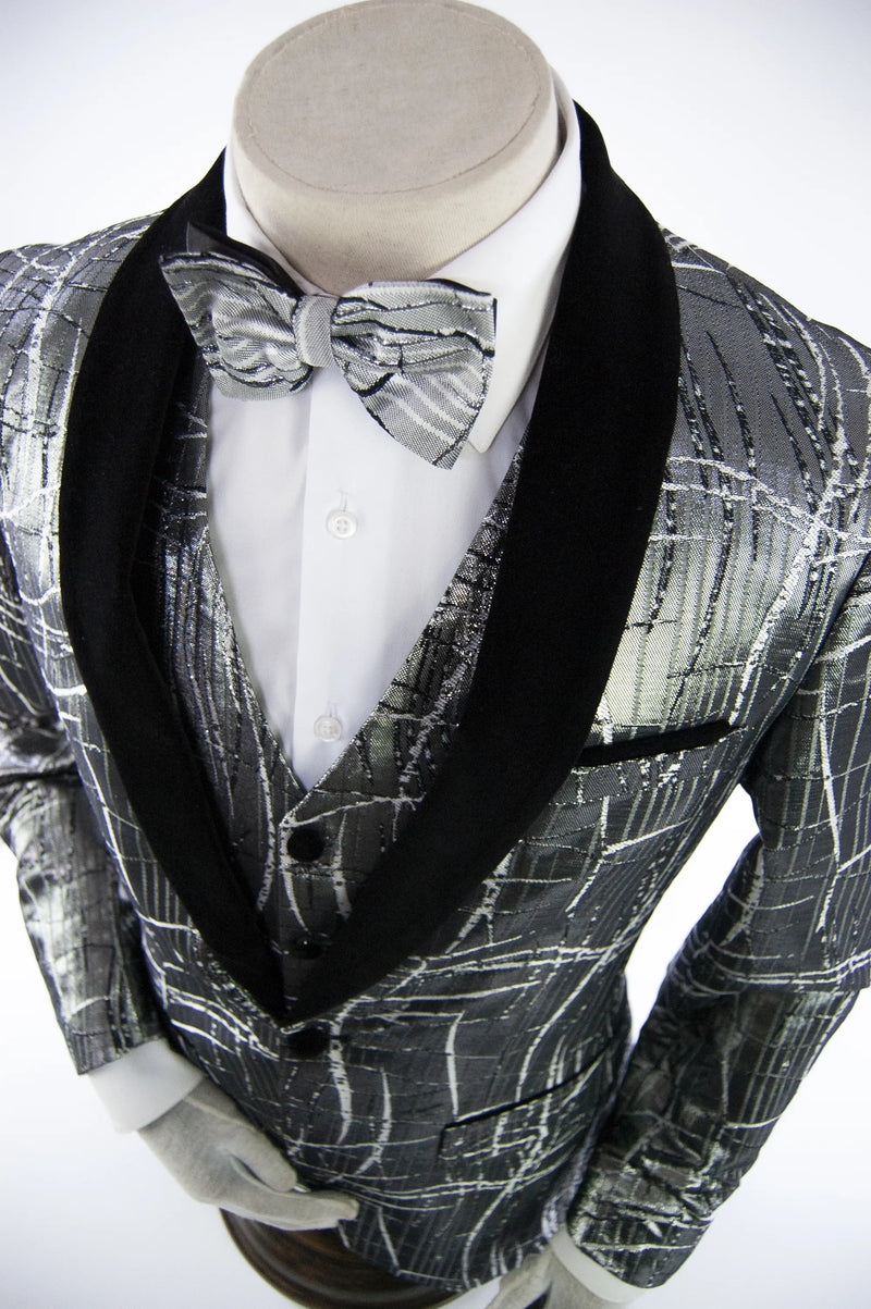 Silver Metallic Patterned 3-Piece Tailored-Fit Tuxedo