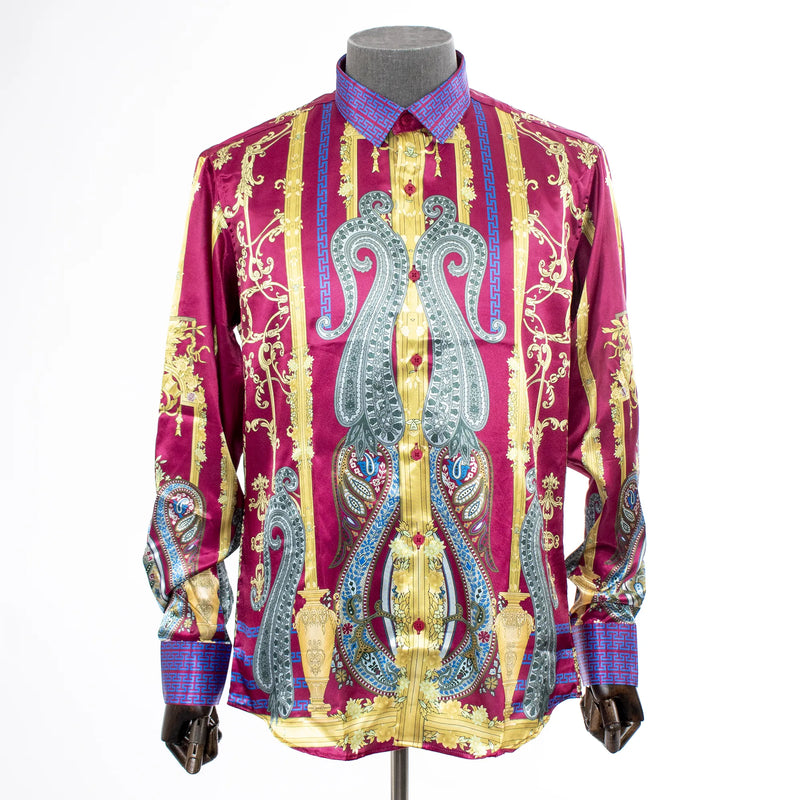 Burgundy Slim-Fit Dress Shirt With Grecian Collar