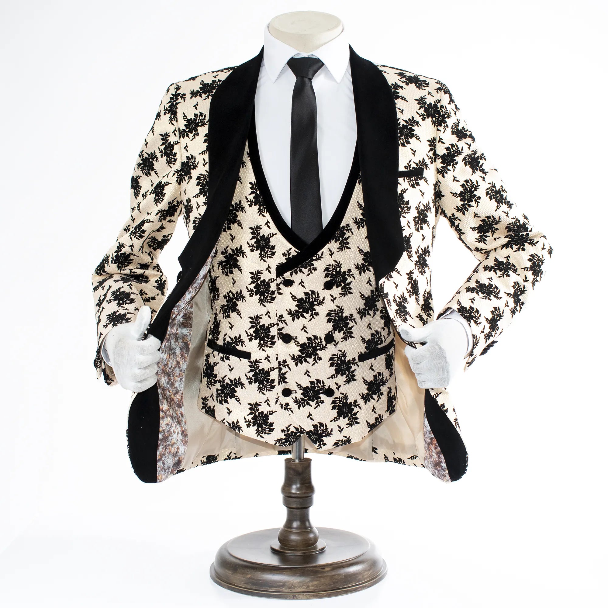 Champagne with Black Floral Pattern 3-Piece Tailored-Fit Tuxedo