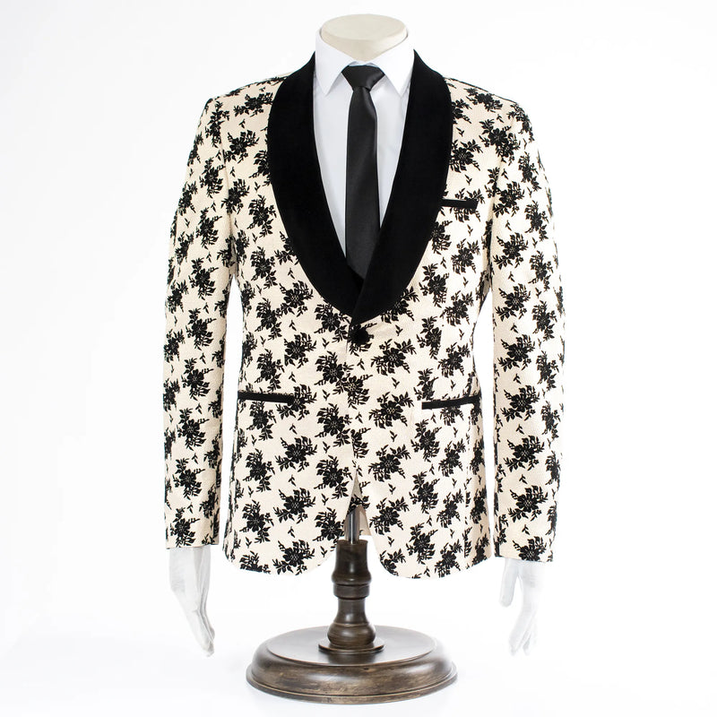 Champagne with Black Floral Pattern 3-Piece Tailored-Fit Tuxedo