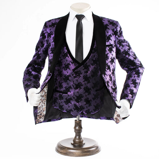 Purple with Black Floral Pattern 3-Piece Tailored-Fit Tuxedo