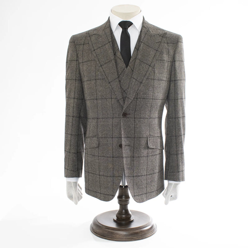 Brown Plaid Men's 3-Piece Suit - Single-Button Closure